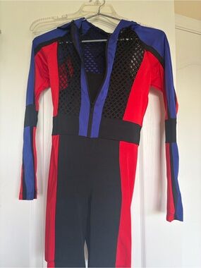 Colorblock Mesh Zip Front Romper Dance Costume hip hop jazz - Red, Black & Blue